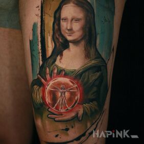 Tattoo @davincisfox Mona lisa on the leg motif: faces style: Watercolor