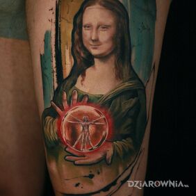 Tatuaż @davincisfox Mona lisa na udzie motyw: kolorowe styl: graficzne / ilustracyjne
