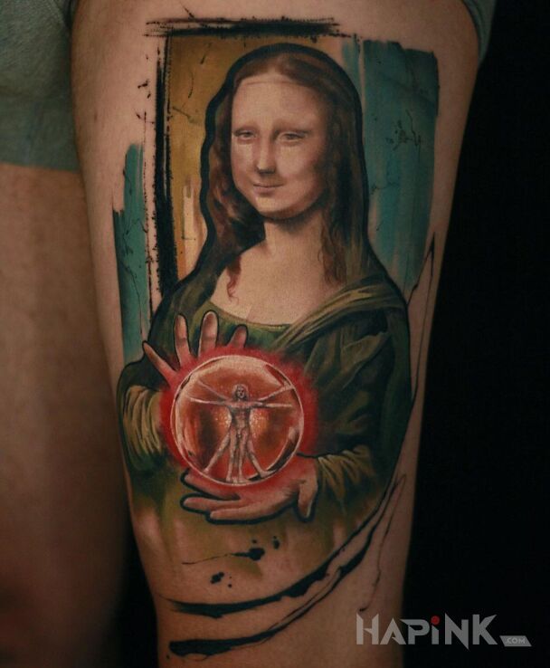 Tattoo @davincisfox Mona lisa in colorful motif and Watercolor style on the thigh