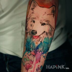 Tattoo @davincisfox Dog watercolor on the forearm motif: colorful style: graphic / illustrative
