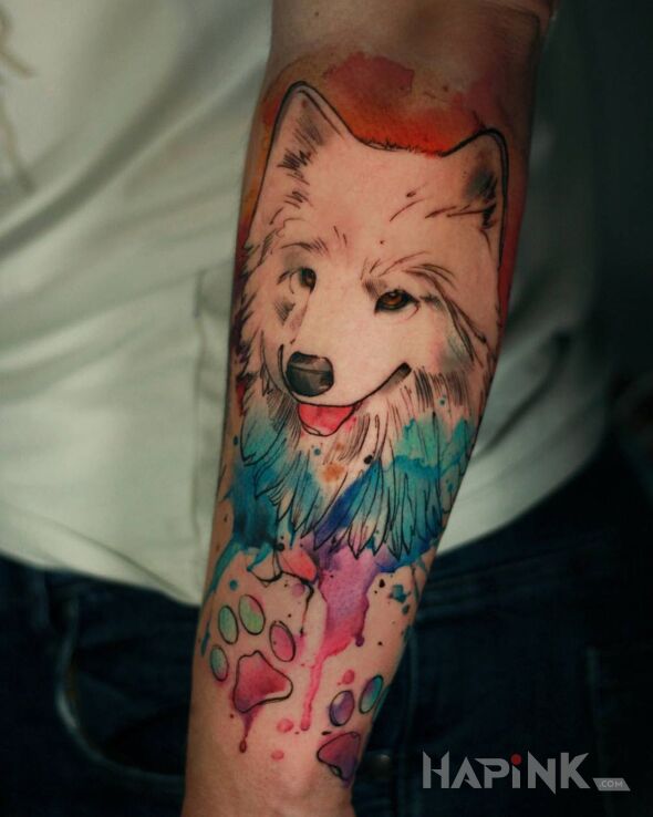 Tattoo @davincisfox Dog watercolor in animals motif and Watercolor style On the arm
