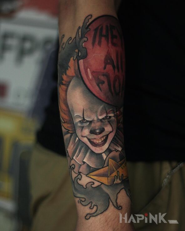 Tattoo @davincisfox To (film 2017) in faces motif and neo-traditional style on the forearm