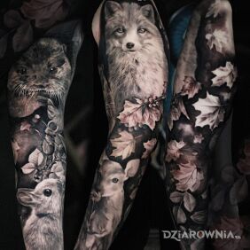 Tatuaż @davincisfox Rekaw zwierząt na ręce motyw: czarno-szare styl: realistyczne