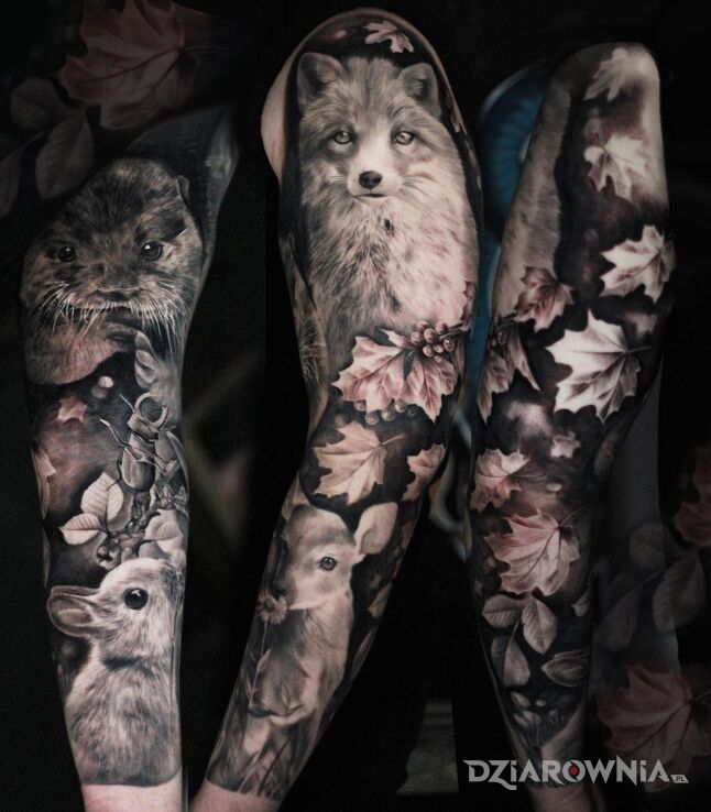 Tatuaż davincisfox rekaw zwierząt w motywie czarno-szare i stylu realistyczne na ramieniu