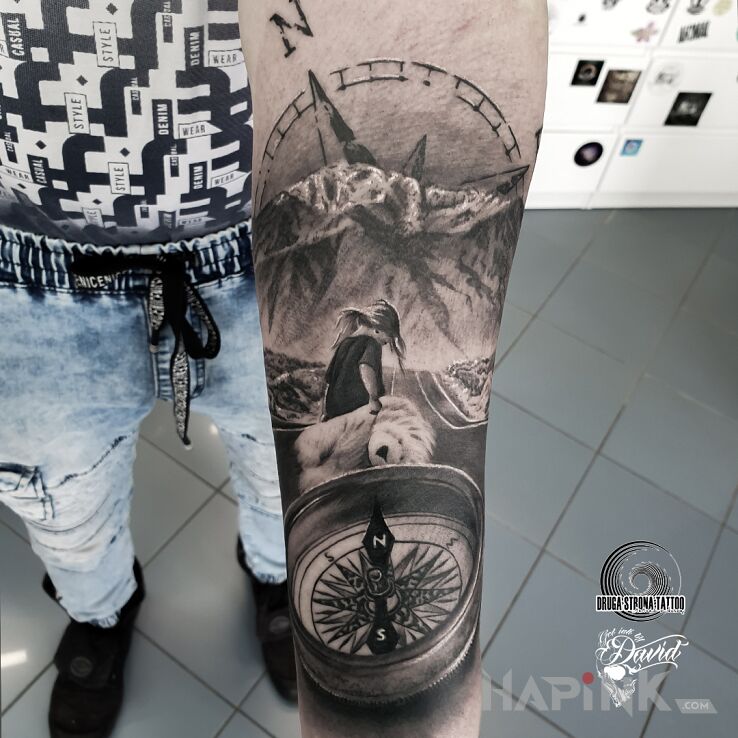 Tattoo Podróże , te małe i te duże :D Dzieckiem być cały czas :D in objects motif and realistic style on the forearm