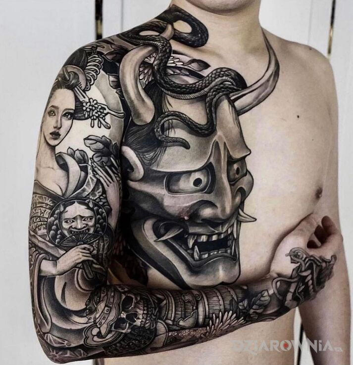 Tatuaż japoński demon w motywie twarze i stylu graficzne / ilustracyjne na przedramieniu