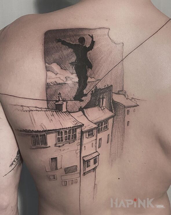 Tattoo Balansowanie na krawedzi in black and gray motif and sketch style on the back
