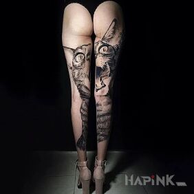 Tattoo Big cat on the leg motif: black and gray style: realistic