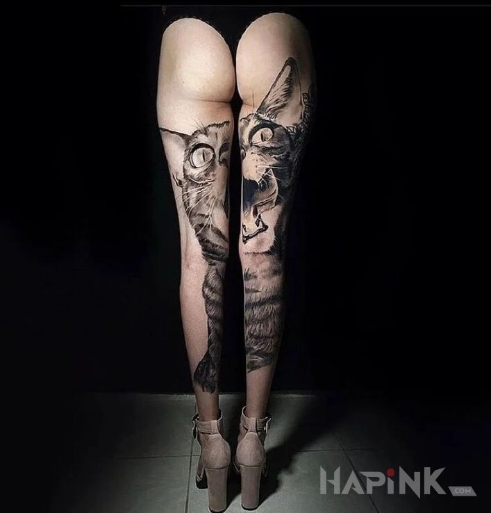 Tattoo Duzy kot in 3D motif and realistic style on the calf