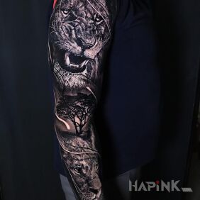 Tattoo Lion and lioness on the forearm motif: 3D style: realistic