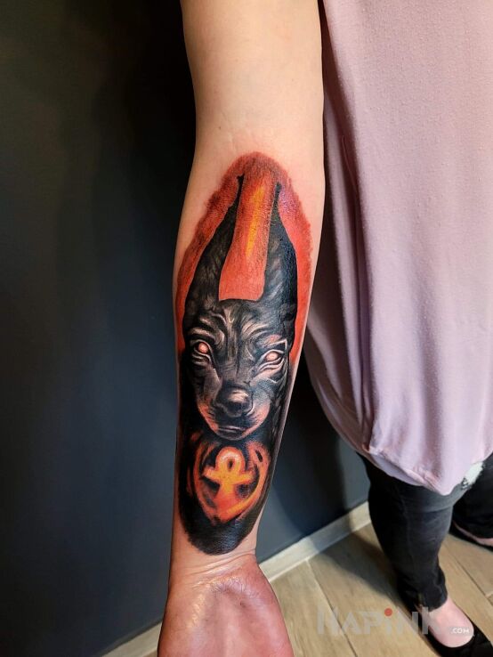 Tattoo Anubis in colorful motif and graphic / illustrative style On the arm
