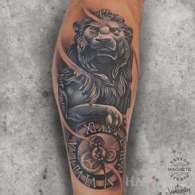 Tattoo Lion with a clock on the leg motif: objects style: realistic