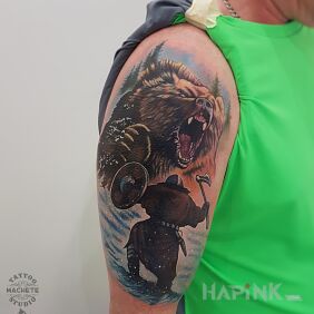 Tattoo Man fighting a bear On the arm motif: colorful style: realistic