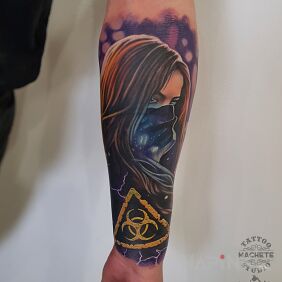 Tattoo Girl with a covered face On the arm motif: faces style: realistic