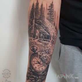 Tattoo House in the forest On the arm motif: black and gray style: realistic