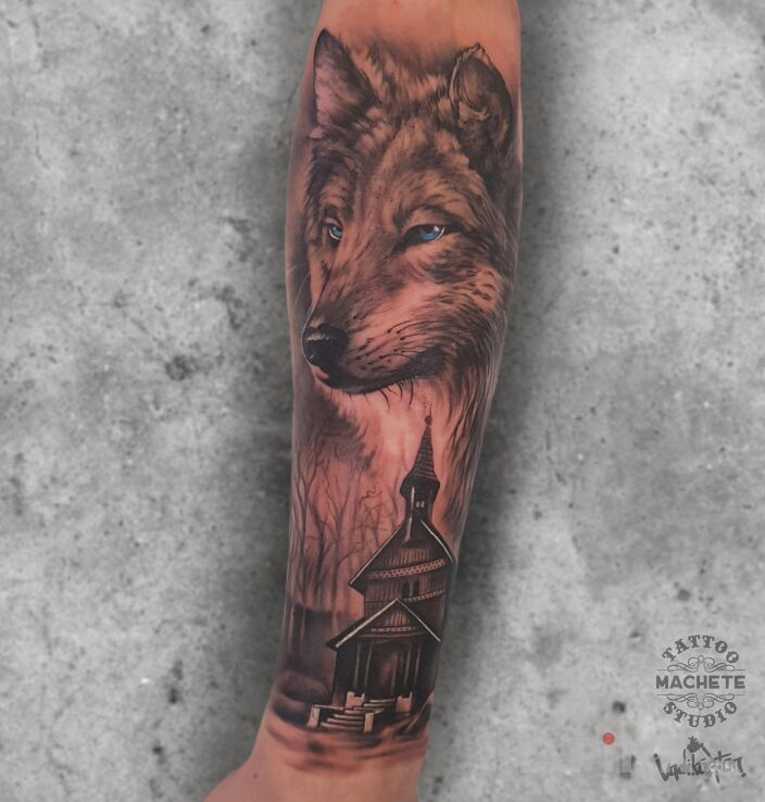 Tattoo Wilk in black and gray motif and realistic style On the arm