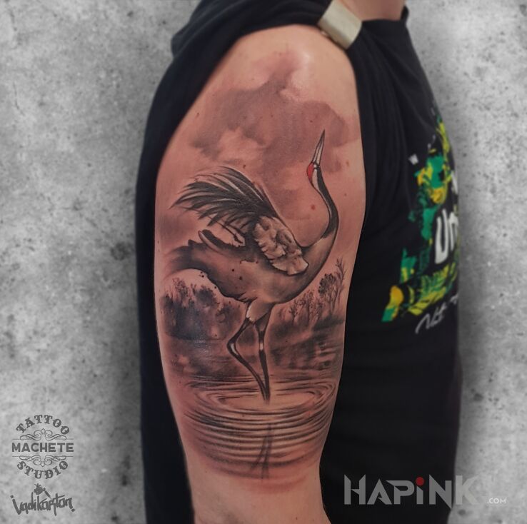 Tattoo Żuraw stoi na jednej nodze w rzece in animals motif and realistic style on the upper arm