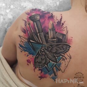 Tattoo Butterfly with makeup brushes and lipstick on the back motif: objects style: Watercolor