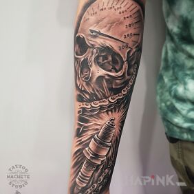 Tattoo Iron chain wrapped around his skull On the arm motif: objects style: realistic