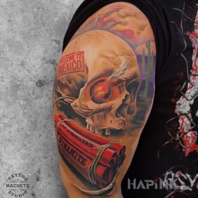 Tattoo Dynamite with a skull On the arm motif: objects style: realistic