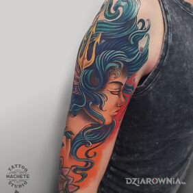 Tatuaż Stworzenie morskie z trójzębem we włosach na ręce motyw: twarze styl: neotradycyjne