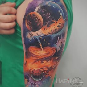 Tattoo Galaxy on the upper arm motif: cosmos style: realistic