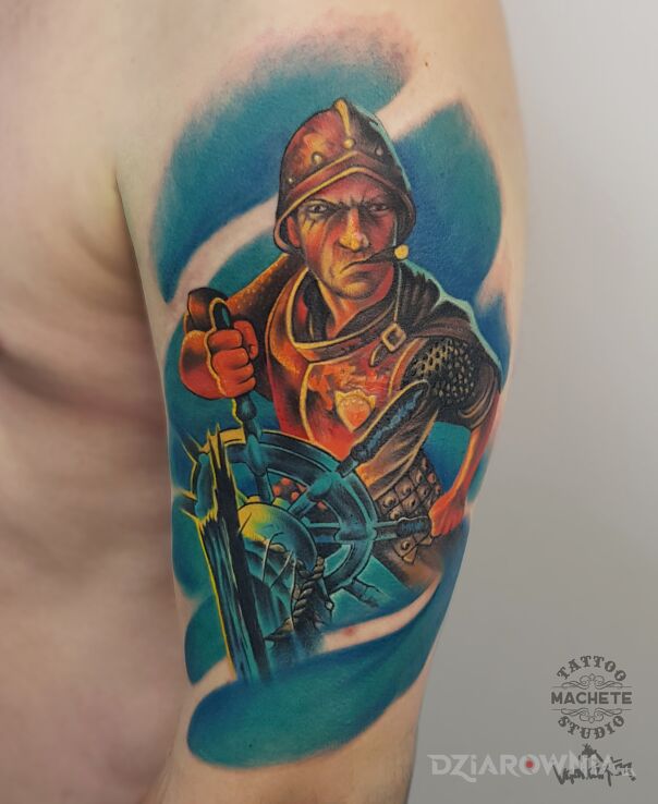 Tatuaż marynarz za sterem w motywie kolorowe i stylu realistyczne na ręce