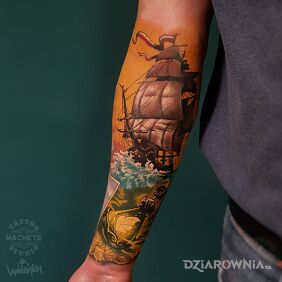 Tatuaż Statek na morzu na ręce motyw: kolorowe styl: realistyczne