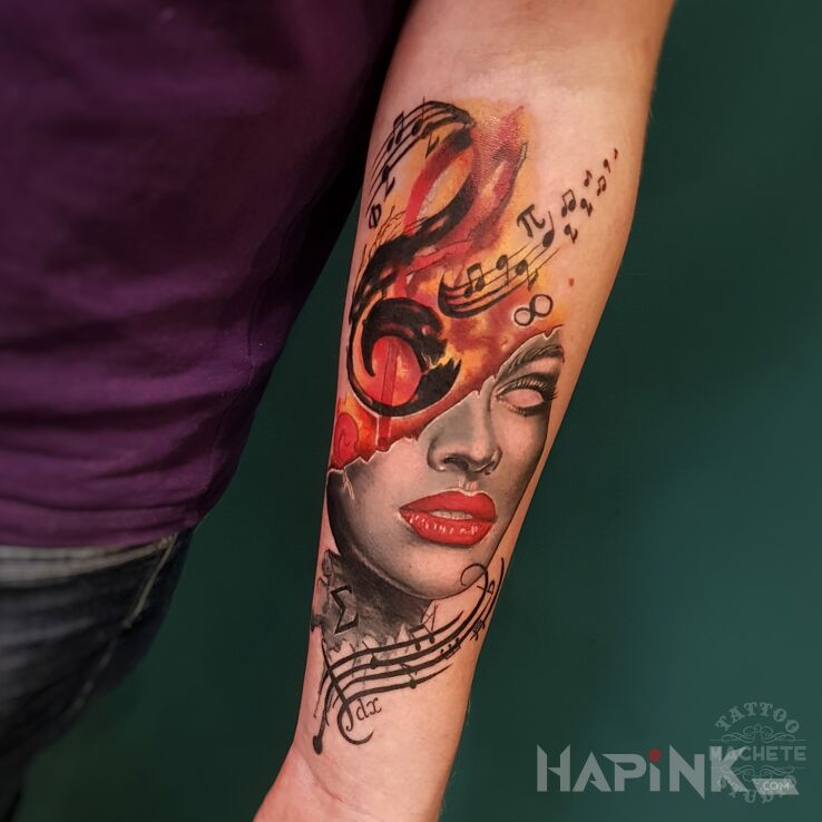 Tattoo Maska z czerwonych ust otoczona nutami in colorful motif and graphic / illustrative style on the forearm