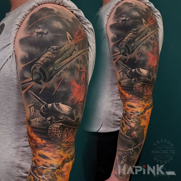 Tattoo Wojna in war motif and realistic style on the forearm