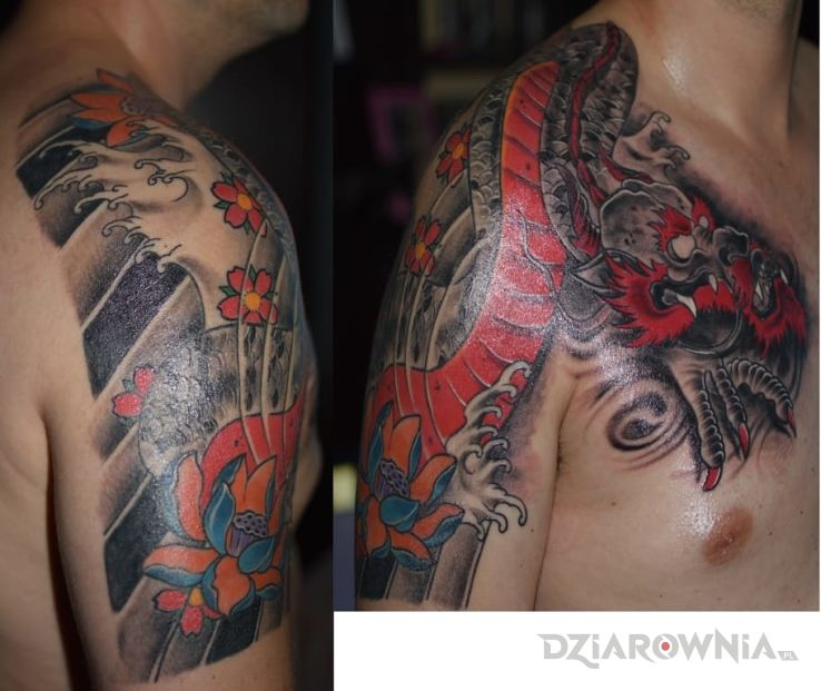 Tatuaż kolorowy smok w motywie smoki na klatce