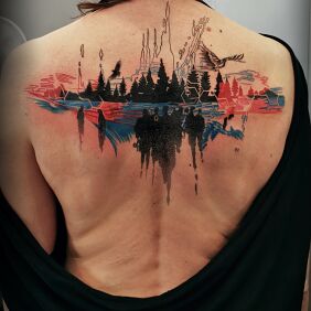 Tattoo Abstraction on the theme of a lake on the back motif: colorful style: Watercolor