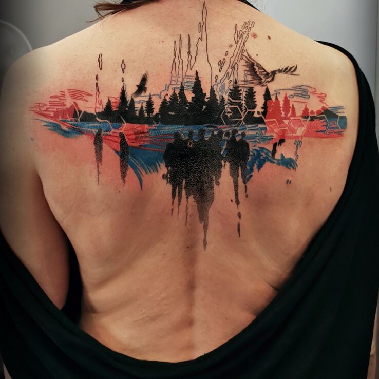 Tatuaż abstrakcja na temat jeziora w motywie postacie i stylu watercolor na plecach