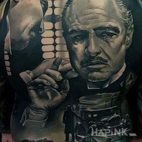 Tattoo Mafia boss on the back motif: 3D style: realistic