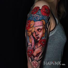 Tattoo Mokosh, Slavic Goddess on the upper arm motif: flowers style: neo-traditional
