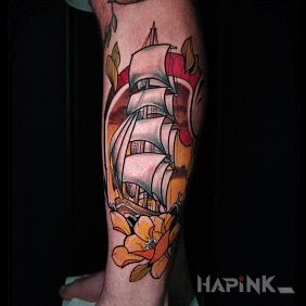 Tattoo Sailboat on the calf motif: flowers style: neo-traditional