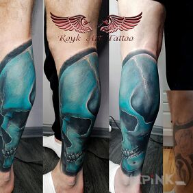 Tattoo Skull cover-up on the calf motif: skulls style: realistic