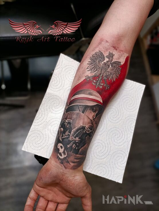 Tattoo Patriotyczny in faces motif and realistic style on the forearm