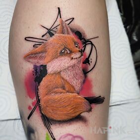Tattoo Fox on the calf motif: colorful style: graphic / illustrative