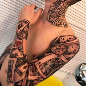 Tattoo Cards on the whole hand on the neck motif: sleeves style: calligraphy