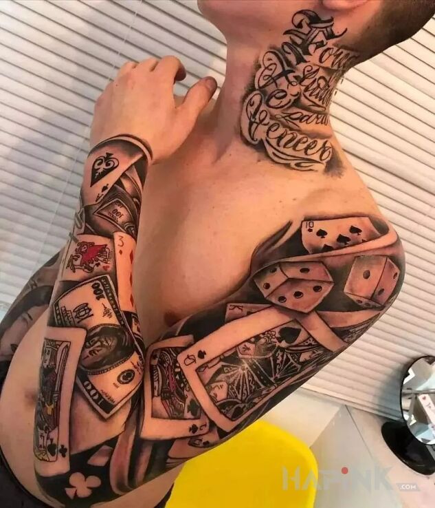 Tattoo Karty na calej rece in objects motif and calligraphy style on the forearm