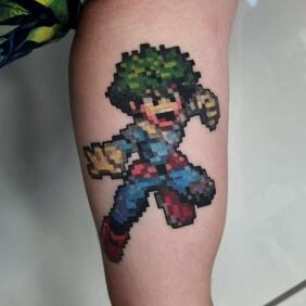Tattoo Anime pixel art on the bicep motif: characters style: graphic / illustrative