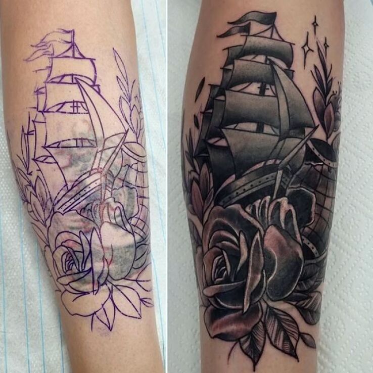 Tatuaż statek cover up w motywie ornamenty i stylu kontury / linework na łydce