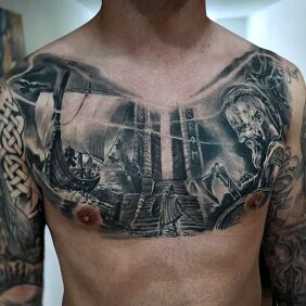 Tattoo Vikings on the chest motif: war style: realistic