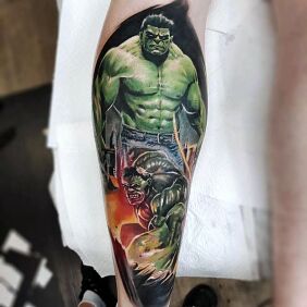 Tattoo Incredible Hulk on the leg motif: characters style: realistic