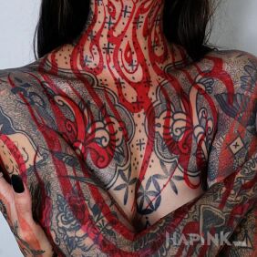 Tattoo Red flames win everything on the neck motif: colorful style: graphic / illustrative