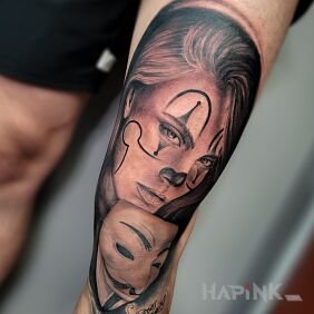 Tattoo Chicano tattoo on the thigh motif: black and gray style: chicano