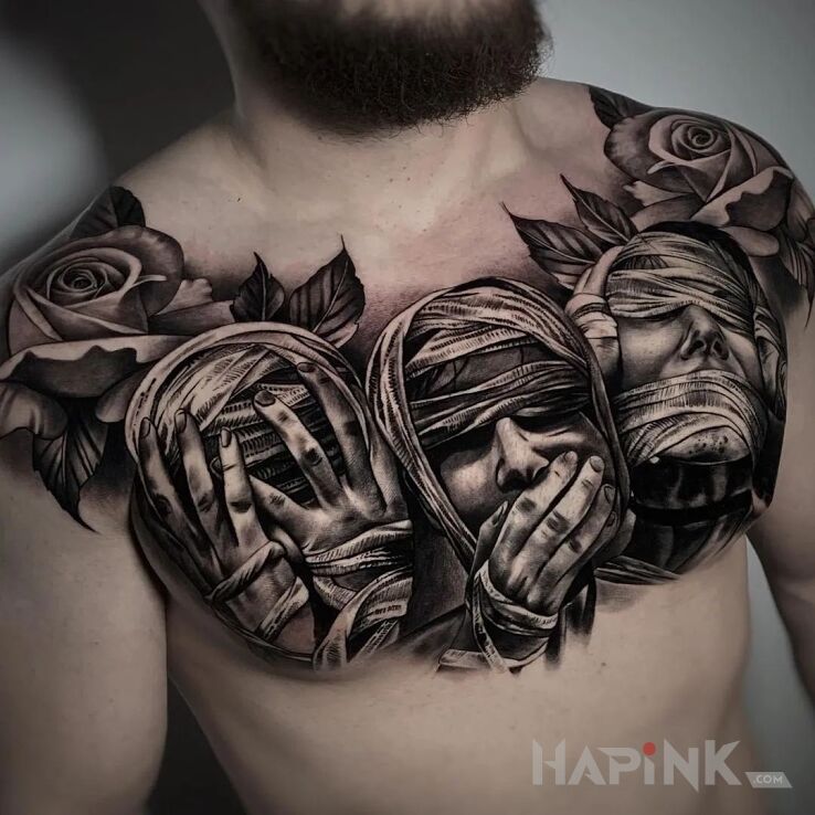 Tattoo Ni widu, ni słychu in 3D motif and realistic style on the chest
