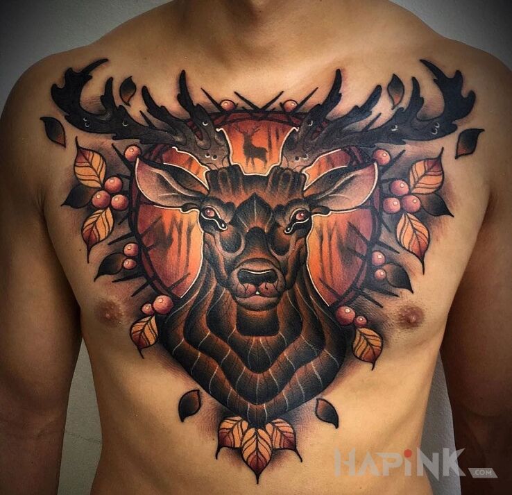 Tattoo Jelen in animals motif on the chest