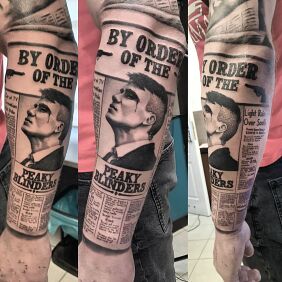 Tattoo Peaky Blinders newspaper On the arm motif: characters style: realistic